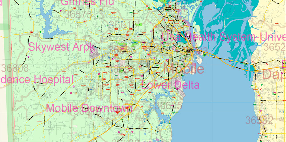 Alabama State US Map Vector Exact Roads Plan High Detailed Street Map + Counties + Zipcodes editable Adobe Illustrator in layers