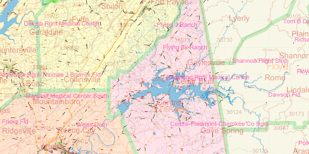 Alabama State US Map Vector Exact Roads Plan High Detailed Street Map + Counties + Zipcodes editable Adobe Illustrator in layers