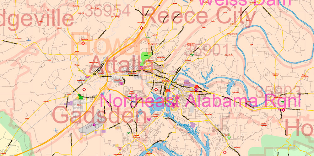 Alabama State US PDF Map Vector Exact Roads Plan High Detailed Street Map + Counties + Zipcodes editable Adobe PDF in layers