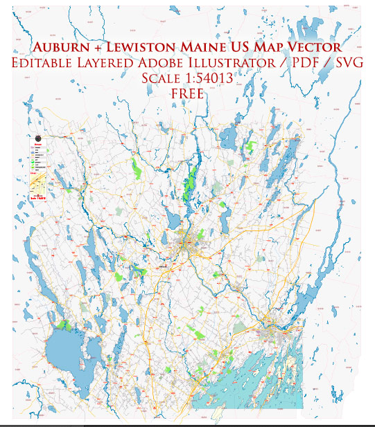 Auburn + Lewiston Maine US Map Vector Free Editable Layered Adobe Illustrator + PDF + SVG