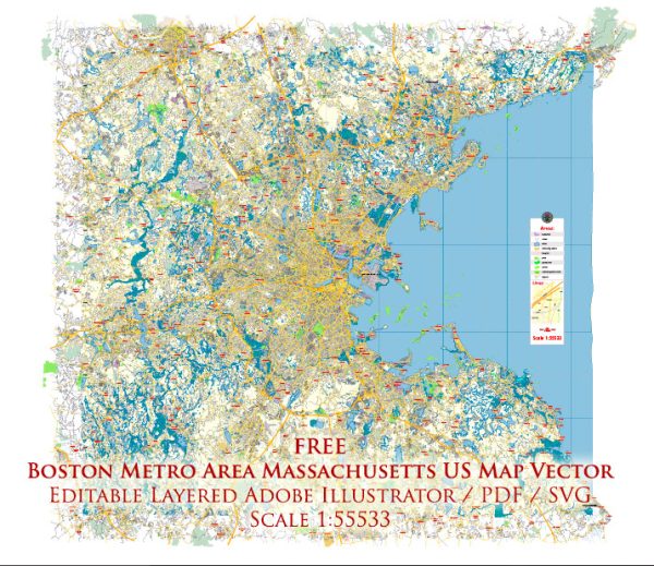 Boston Metro Area Massachusetts US Map Vector Free Editable Layered Adobe Illustrator + PDF + SVG