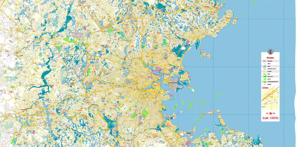 Boston Metro Area Massachusetts US Map Vector Free Editable Layered Adobe Illustrator + PDF + SVG
