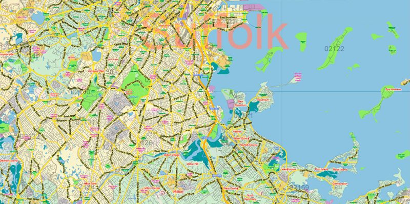 Boston Massachusetts US Map Vector Exact City Plan LOW Detailed Street Map Metro Area + ZIP-Codes editable Adobe Illustrator in layers