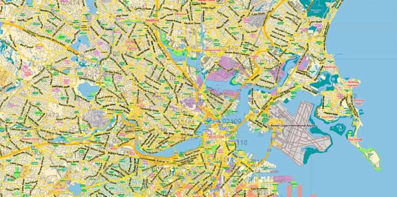 Boston Massachusetts US Map Vector Exact City Plan LOW Detailed Street Map Metro Area + ZIP-Codes editable Adobe Illustrator in layers