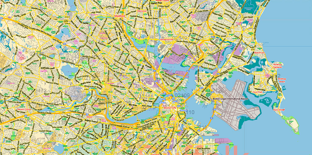 Boston Massachusetts US PDF Vector Map Exact City Plan LOW Detailed Street Map Metro Area + ZIP-Codes editable Adobe PDF in layers