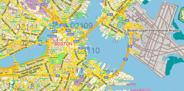 East Boston Zip Code Map Boston Massachusetts US PDF Vector Map Exact City Plan LOW Detailed ...