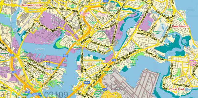 East Boston Zip Code Map Boston Massachusetts US PDF Vector Map Exact City Plan LOW Detailed ...