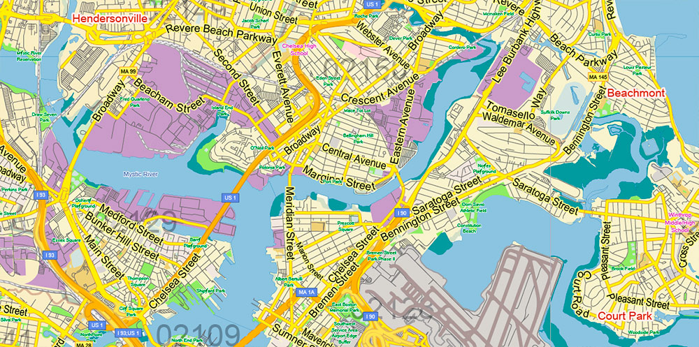 Boston Massachusetts US PDF Vector Map Exact City Plan LOW Detailed Street Map Metro Area + ZIP-Codes editable Adobe PDF in layers