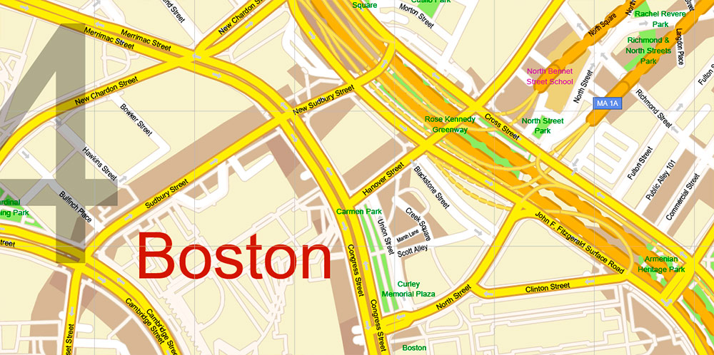 Boston Massachusetts US PDF Map Vector Exact City Plan High Detailed Street Map Metro Area + ZIP-Codes editable Adobe PDF in layers