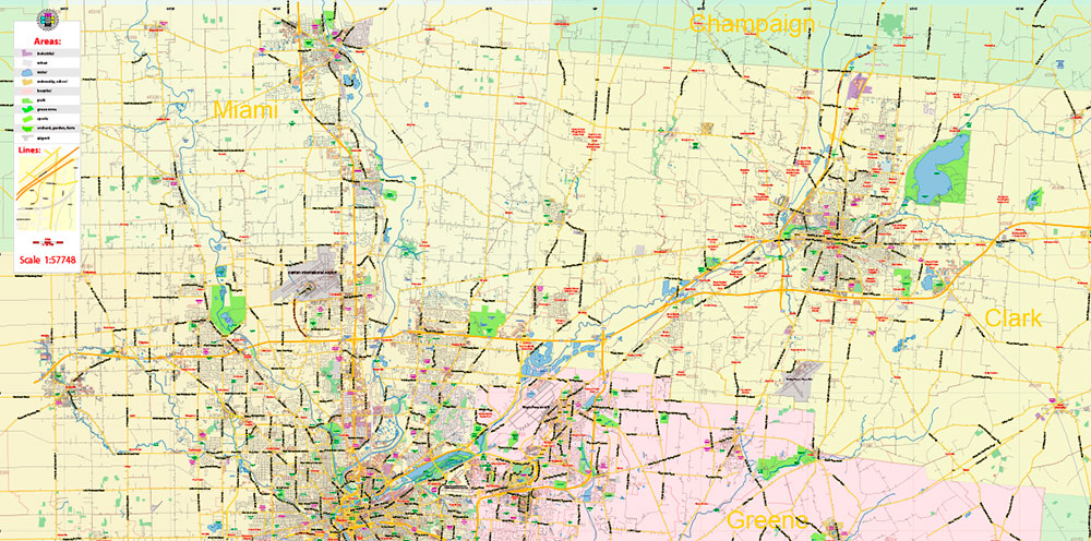 Dayton Springfield Ohio US Map Vector Exact City Plan LOW Detailed Street Map + ZIP-Codes editable Adobe Illustrator in layers