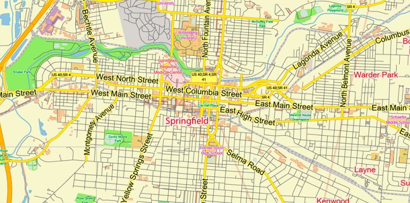 Dayton Springfield Ohio US Map Vector Exact City Plan LOW Detailed Street Map + ZIP-Codes editable Adobe Illustrator in layers
