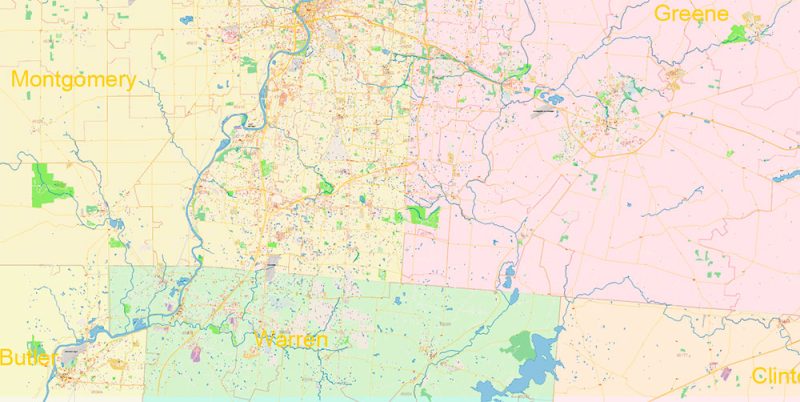 Dayton Springfield Ohio US Map Vector Exact City Plan High Detailed Street Map + ZIP-Codes editable Adobe Illustrator in layers