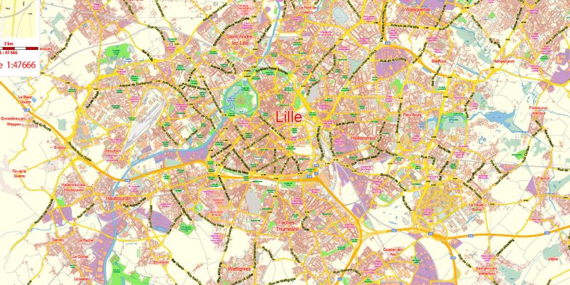 Lille France Map Vector Exact City Plan Low Detailed Street Map editable Adobe Illustrator in layers