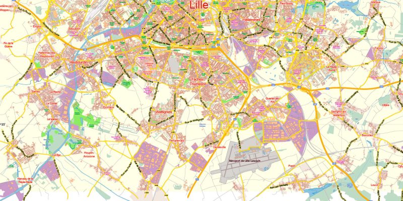 Lille France Map Vector Exact City Plan Low Detailed Street Map editable Adobe Illustrator in layers