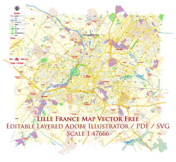 Lille France Map Vector Free Editable Layered Adobe Illustrator + PDF + SVG