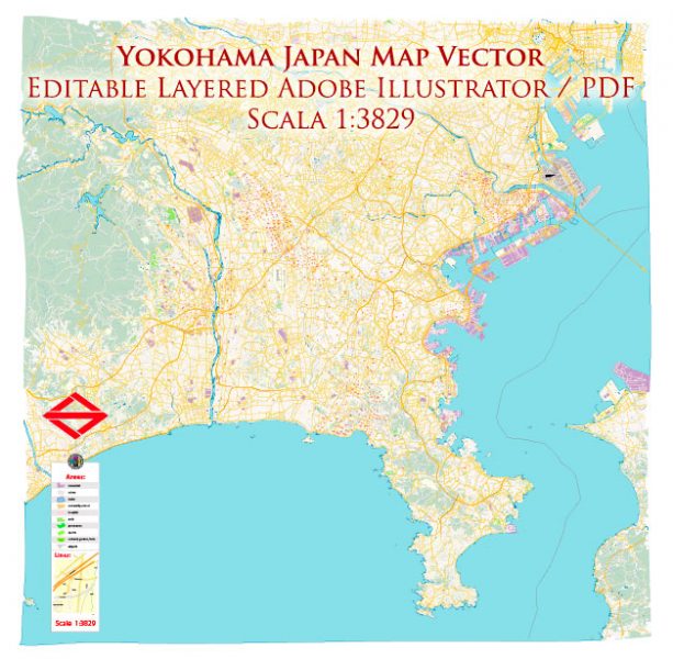 Yokohama Japan Map Vector Exact City Plan High Detailed Street Map editable Adobe Illustrator in