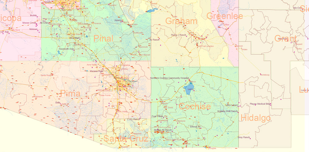 Arizona State US Map Vector Exact State Plan High Detailed Road Map + admin + Zipcodes editable Adobe Illustrator in layers