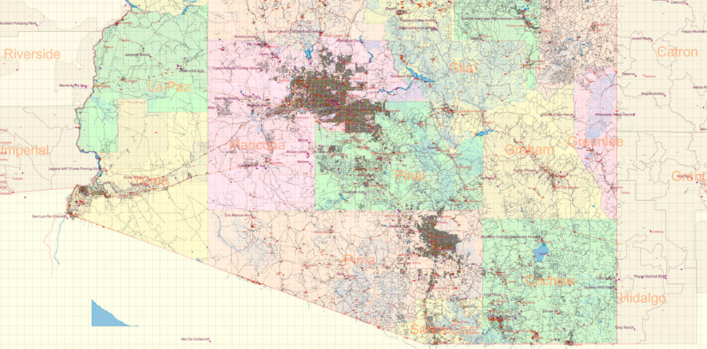 Arizona State US PDF Map Vector Exact State Plan High Detailed Road Map + admin + Zipcodes editable Adobe PDF in layers