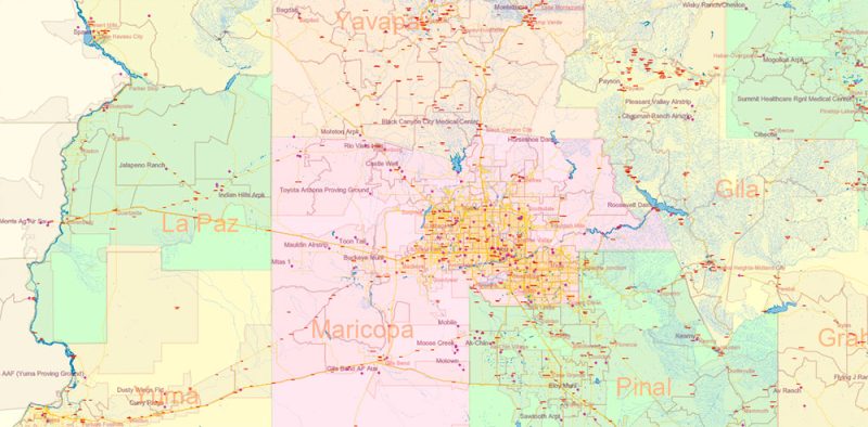 Arizona State US Map Vector Exact State Plan High Detailed Road Map + admin + Zipcodes editable Adobe Illustrator in layers