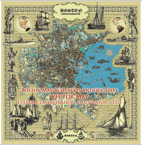 Boston Vector Map Boston Massachusetts US Map Vector Antique Style City Plan Detailed ...