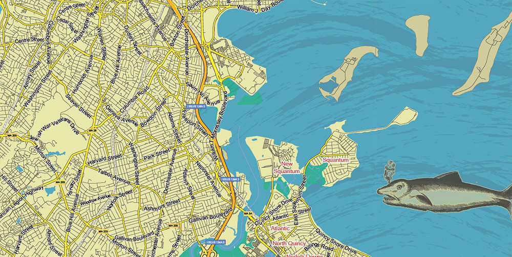 Boston Massachusetts US Map Vector Antique Style City Plan Detailed Street Map editable Adobe Illustrator in layers