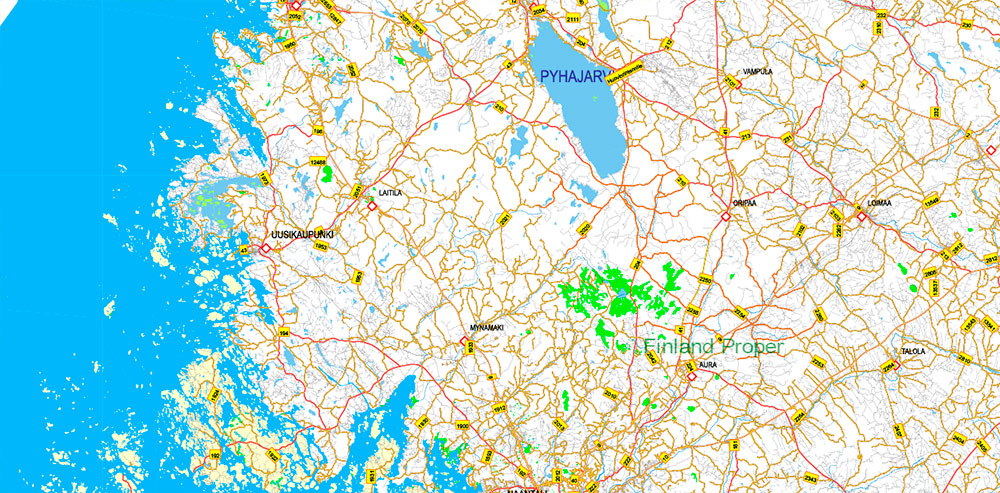 Finland PDF Map Vector Full Extra High Detailed 01 (all roads) + Relief + Admin Areas editable Adobe PDF in layers