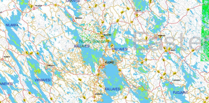 Finland Map Vector Full Extra High Detailed 01 (all roads) + Relief + Admin Areas editable Adobe Illustrator in layers
