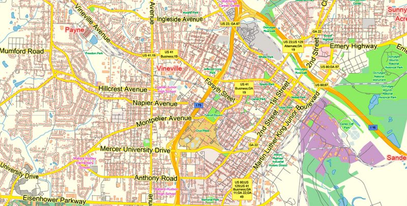 Macon Georgia US Map Vector Exact City Plan LOW Detailed Street Map editable Adobe Illustrator in layers