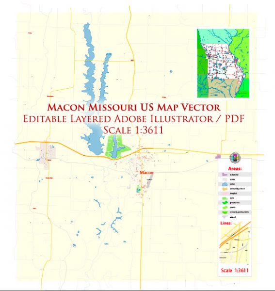 Macon Missouri US PDF Map Vector High Detailed editable Adobe PDF in layers