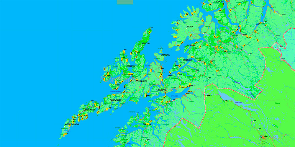 Norway PDF Map Vector Full Extra High Detailed 01 (all roads) + Relief + Admin Areas editable Adobe PDF in layers (2 parts NS)