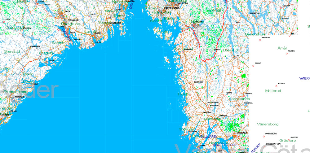 Norway Map Vector CDR Full Extra High Detailed 01 (all roads) + Relief + Admin Areas editable CorelDRAW in layers (2 parts NS)