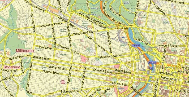 Philadelphia Pennsylvania US Vector Map Exact City Plan & Street Map editable Adobe Illustrator in layers