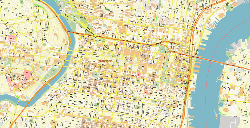 Philadelphia Pennsylvania US Map Vector Exact City Plan High Detailed Street Map editable Adobe Illustrator in layers