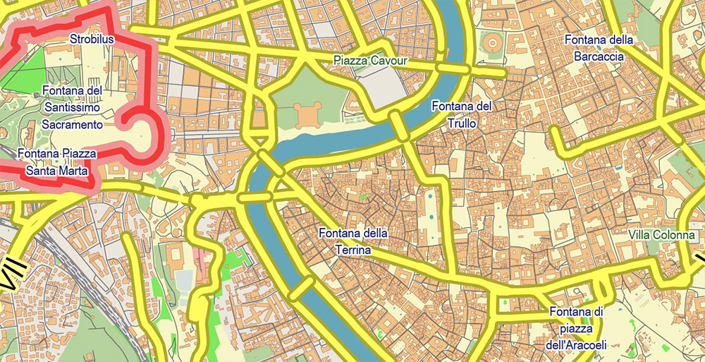 Roma Rome Italy Map Vector Exact City Plan LOW Detailed Street Map editable Adobe Illustrator in layers