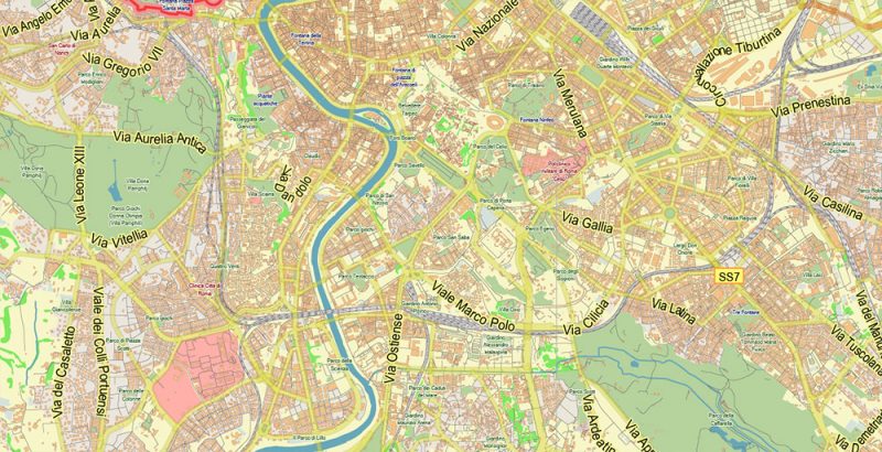 Roma Rome Italy Map Vector Exact City Plan LOW Detailed Street Map editable Adobe Illustrator in layers