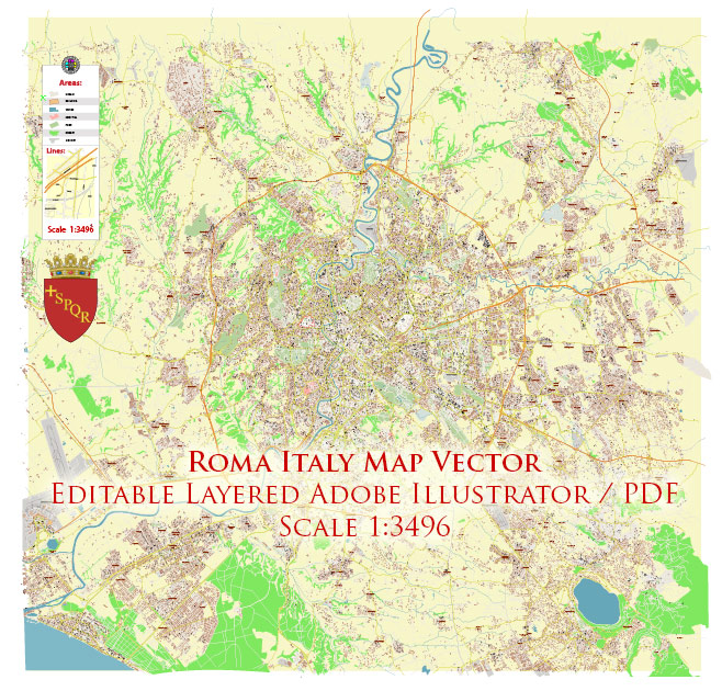 Roma Rome Italy Map Vector Exact City Plan High Detailed Street Map editable Adobe Illustrator in layers