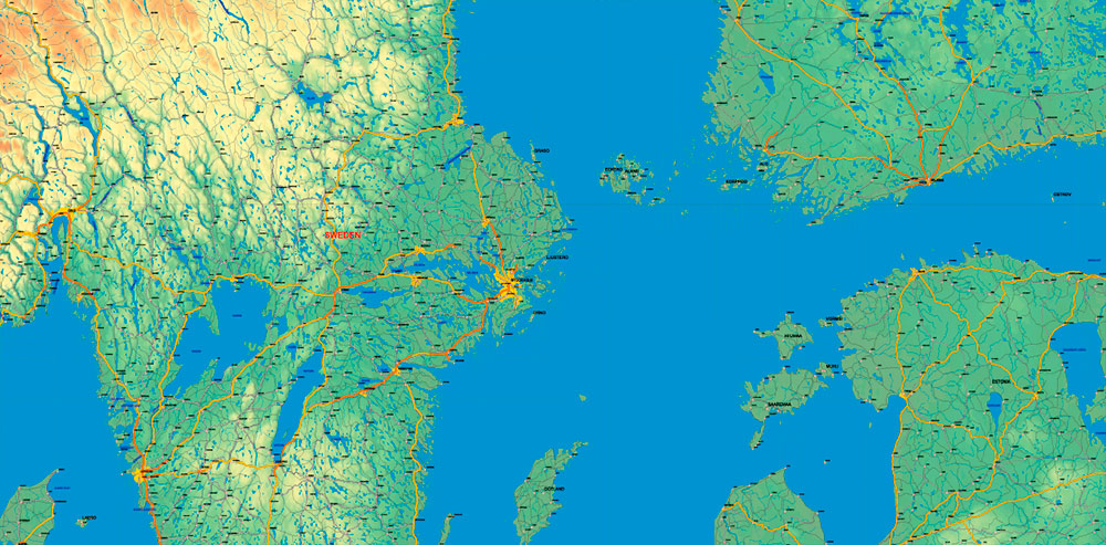 Sweden + Norway + Finland Relief Road PDF Map Vector Exact High Detailed editable Adobe PDF in layers