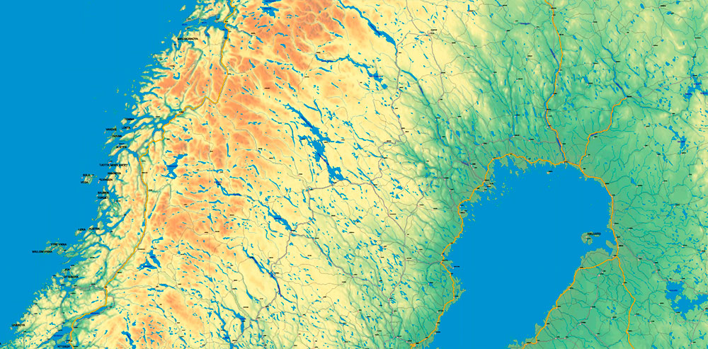 Sweden + Norway + Finland Relief Road PDF Map Vector Exact High Detailed editable Adobe PDF in layers