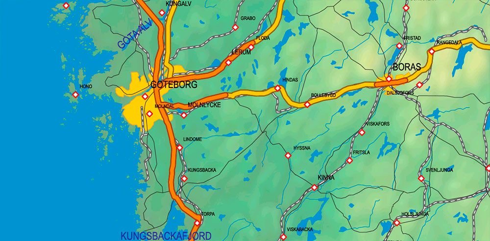 Sweden + Norway + Finland Relief Road Map Vector Exact High Detailed editable Adobe Illustrator in layers