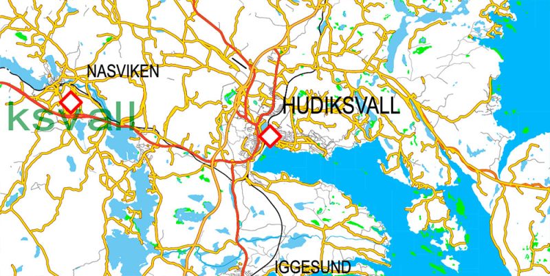 Sweden Map Vector Full Extra High Detailed 01 (all roads) + Relief + Admin Areas editable Adobe Illustrator in layers