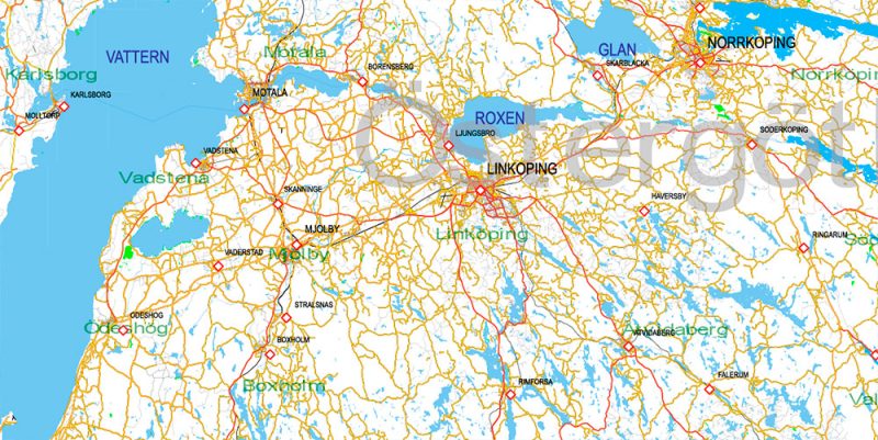 Sweden Map Vector Full Extra High Detailed 01 (all roads) + Relief + Admin Areas editable Adobe Illustrator in layers