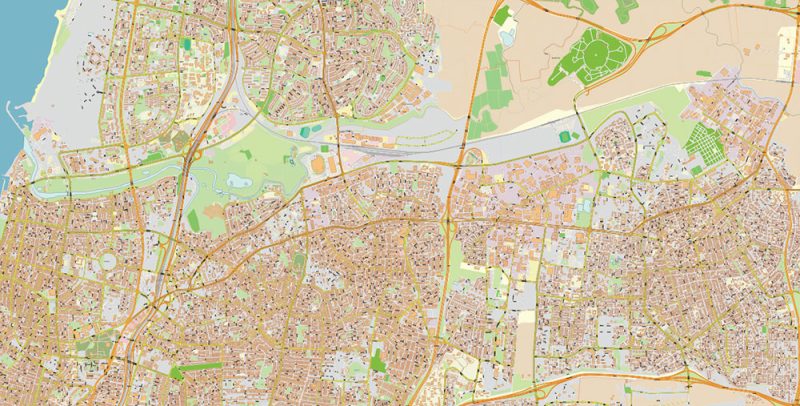 Tel Aviv-Yafo Israel Map Vector (Hebrew) Exact City Plan High Detailed Street Map editable Adobe Illustrator in layers