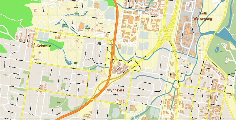 Wollongong Australia Map Vector Exact City Plan High Detailed Street Map editable Adobe Illustrator in layers