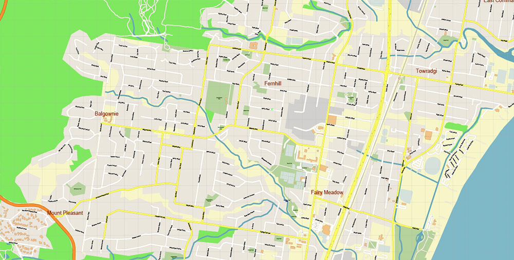 Wollongong Australia PDF Map Vector Exact City Plan High Detailed Street Map editable Adobe PDF in layers