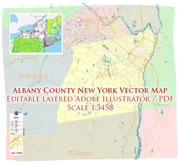 Albany County New York US Map Vector Exact State Plan High Detailed Road Map + admin + Zipcodes editable Adobe Illustrator in layers