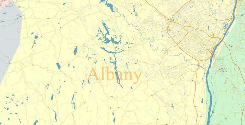 Albany County New York US Map Vector Exact State Plan High Detailed Road Map + admin + Zipcodes editable Adobe Illustrator in layers