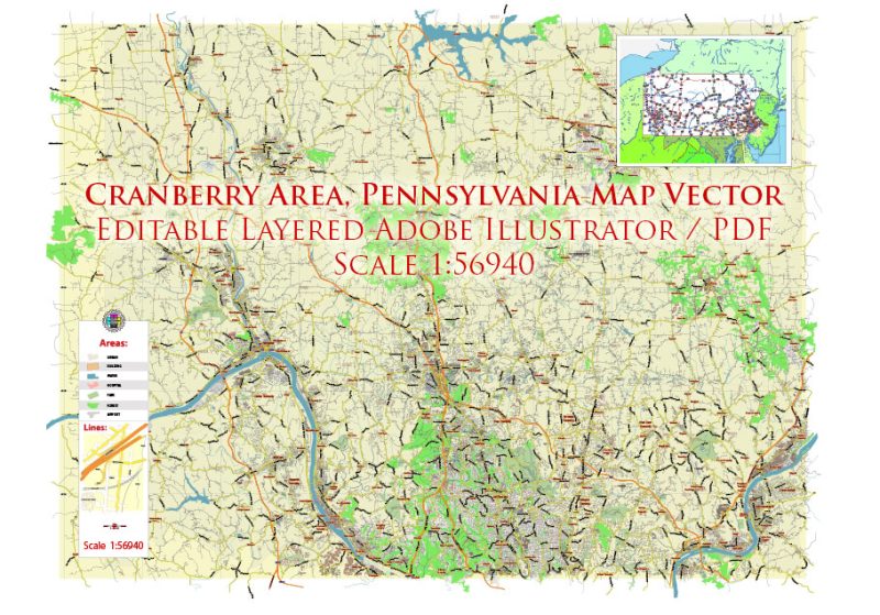Cranberry 16066 plus surrounding zip codes Pennsylvania US Map Vector Exact City Plan Low Detailed (for small print size) Street Map editable Adobe Illustrator in layers