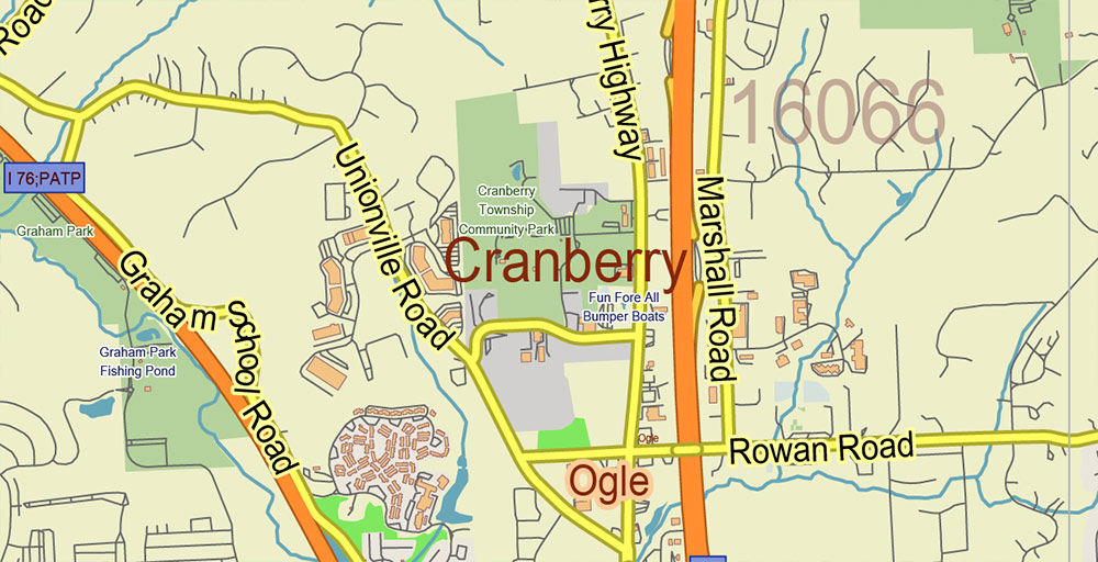 Cranberry 16066 plus surrounding zip codes Pennsylvania US Map Vector Exact City Plan Low Detailed (for small print size) Street Map editable Adobe Illustrator in layers