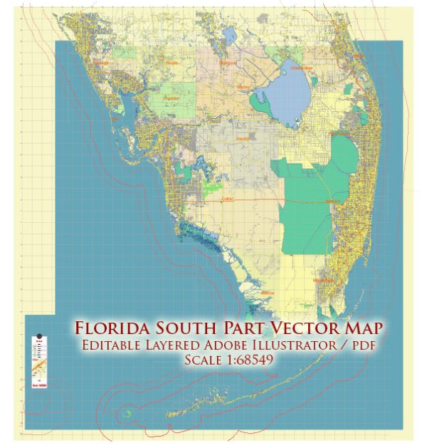 Florida South Part US Map Vector Exact State Plan High Detailed Road Map + admin + Zipcodes editable Adobe Illustrator in layers