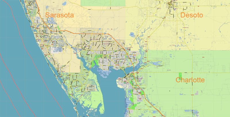 Florida South Part US Map Vector Exact State Plan High Detailed Road Map + admin + Zipcodes editable Adobe Illustrator in layers